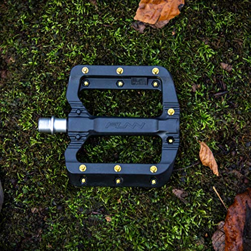 Funn Black Magic Plastic Flat Mountain Bike Pedal Set - Lightweight Wide Platform Bicycle Pedals for Stability, 9/16-inch CrMo Axle Bike Pedals for MTB/BMX/Urban/Gravel Riding (Gold Pins) - Image 2