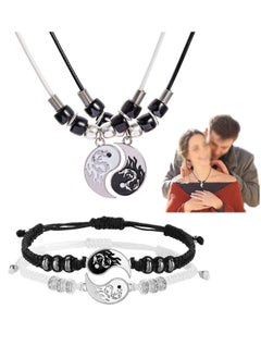 Stainless Steel Yin Yang Pendant Necklace and Bracelet Set, Adjustable Cord Bracelets and Necklace Chains for Friendship Gift, 2 Pieces Each