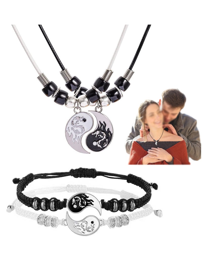 Generic - Stainless Steel Yin Yang Pendant Necklace and Bracelet Set, Adjustable Cord Bracelets and Necklace Chains for Friendship Gift, 2 Pieces Each - Image 1