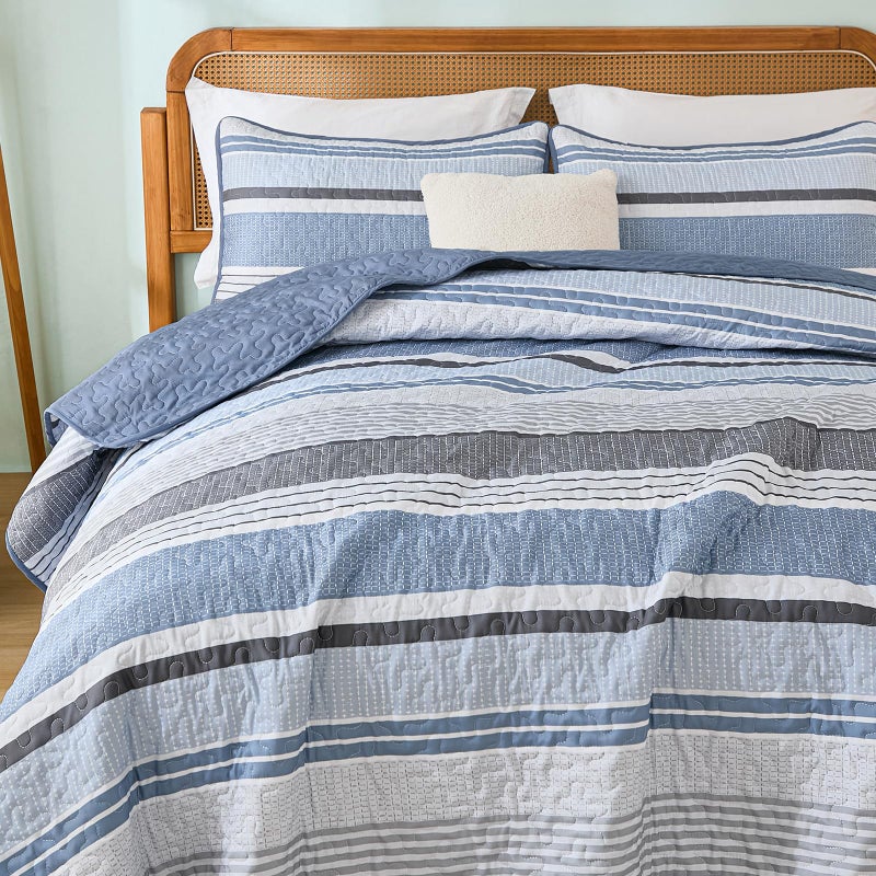 Dintszyayue Quilt Queen Size Blue, 3 Pieces Boho Striped Bedspread Bedding for Queen Size Bed, Soft Lightweight Microfiber Bohemian Coverlet Set for All Season Quilts with 2 Pillowcases - Image 5