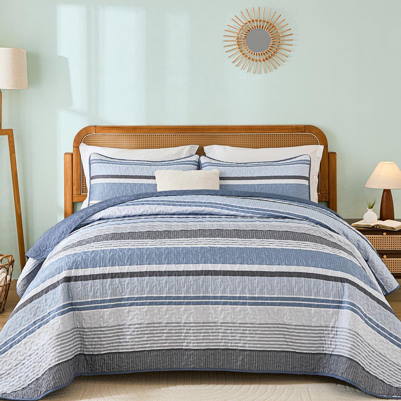 Dintszyayue Quilt Queen Size Blue, 3 Pieces Boho Striped Bedspread Bedding for Queen Size Bed, Soft Lightweight Microfiber Bohemian Coverlet Set for All Season Quilts with 2 Pillowcases - Image 1