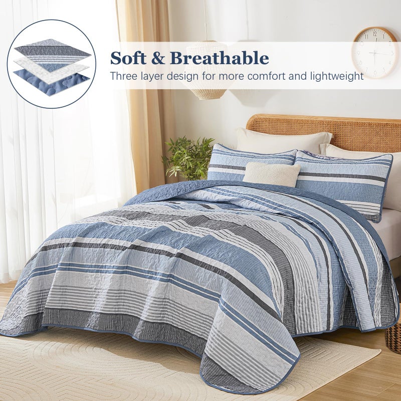 Dintszyayue Quilt Queen Size Blue, 3 Pieces Boho Striped Bedspread Bedding for Queen Size Bed, Soft Lightweight Microfiber Bohemian Coverlet Set for All Season Quilts with 2 Pillowcases - Image 2