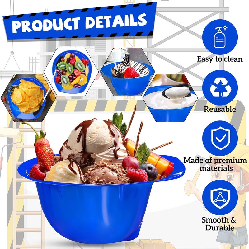 Uiifan 12 Sets Construction Hat Ice Cream Bowls Spoon Set Plastic Snacks Frozen Yogurt Cups with Spoons for Construction Theme Party Favor Kids Gifts Blue - Image 3