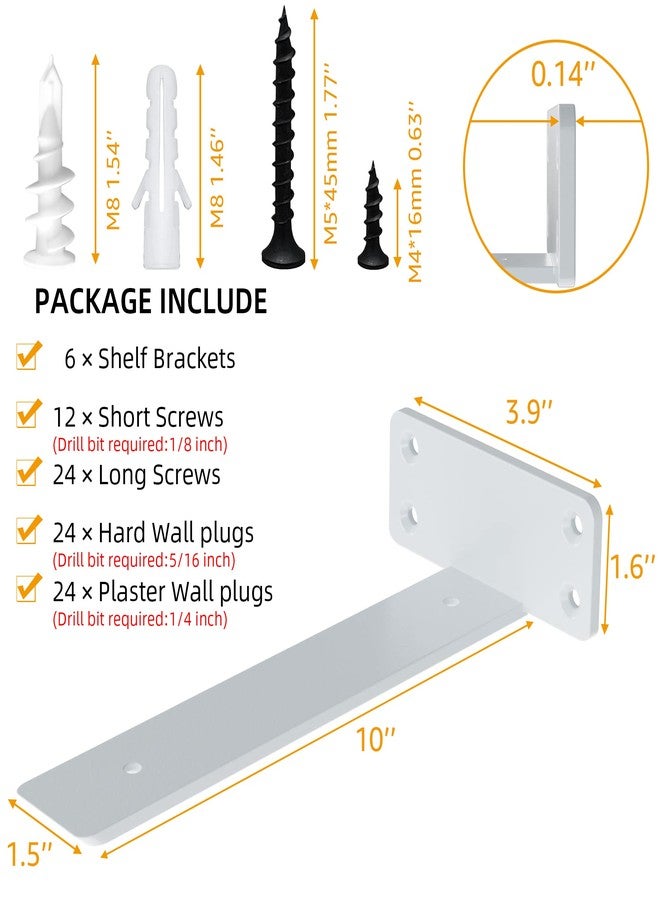 زجو أقواس رفوف عائمة من ZGO، أقواس رفوف شديدة التحمل، أقواس معدنية بيضاء على شكل حرف L للرفوف، أقواس جدارية للرفوف، أدوات تثبيت رفوف عائمة مقاس 10 بوصات (عبوة من 6 قطع) - Image 5