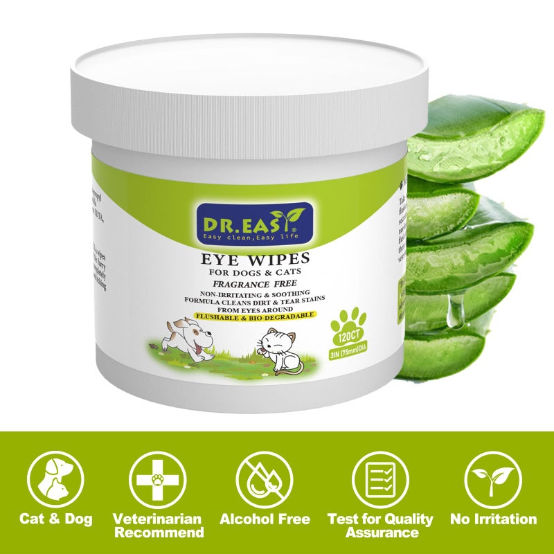 DR. EASY DR.EASY Pet Eye Wipes 120 Ct for Dog Cat Horse & Rabbit Grooming,Tear stain remover,Puppy Kitty eye wash,Remove dirt crust dried mucus discharge secretions, Unscented soft & gentle,Plant Based Formula - Image 2
