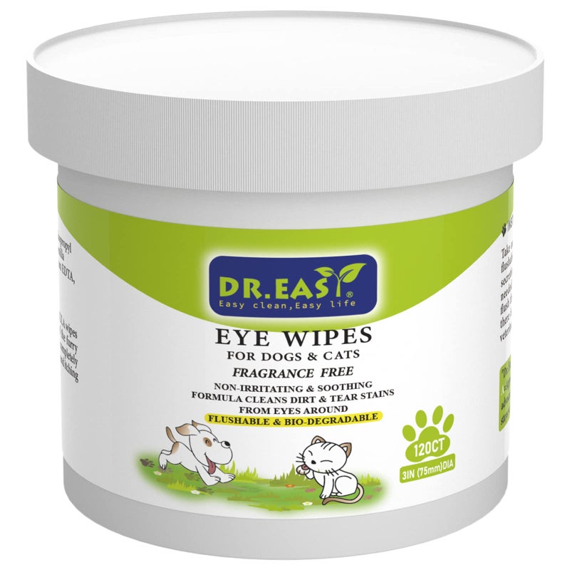 DR. EASY DR.EASY Pet Eye Wipes 120 Ct for Dog Cat Horse & Rabbit Grooming,Tear stain remover,Puppy Kitty eye wash,Remove dirt crust dried mucus discharge secretions, Unscented soft & gentle,Plant Based Formula - Image 1