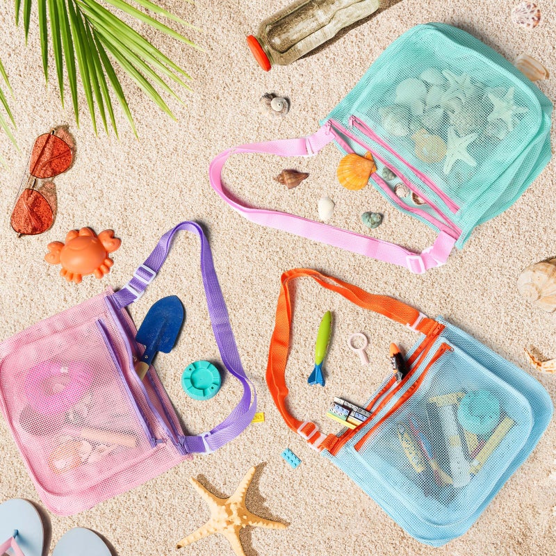 LIDAGO 3 Pcs Seashell Collecting Bag for Kids,Beach Mesh Bag with Adjustable Shoulder Straps,Beach Toys Swimming Accessories for Boys and Girls - Image 3