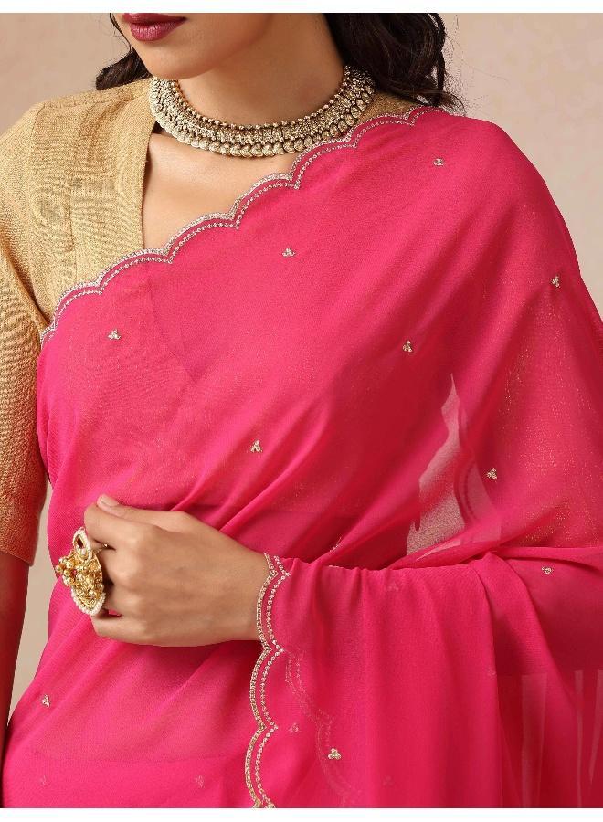 trueBrowns Pink Georgette Embroidered Saree With unstitched Blouse - Image 4