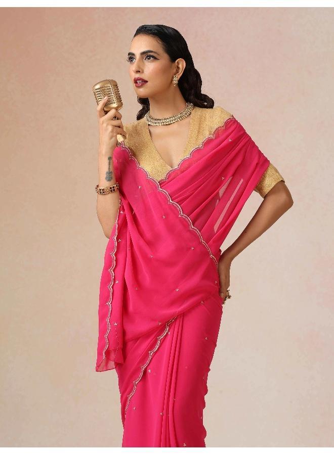 trueBrowns Pink Georgette Embroidered Saree With unstitched Blouse - Image 1