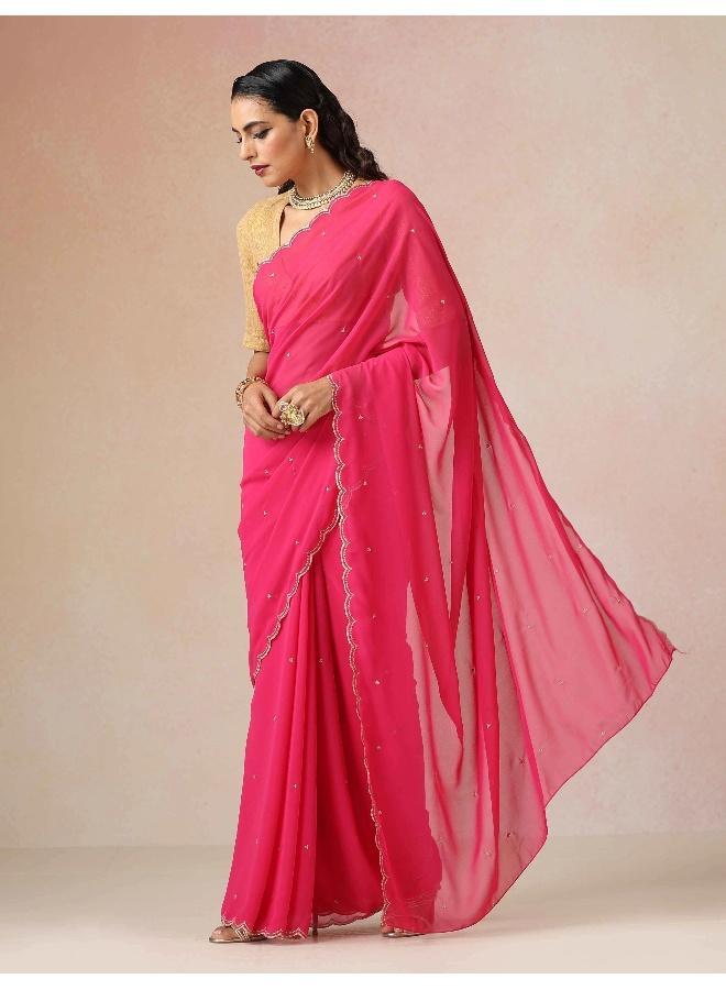trueBrowns Pink Georgette Embroidered Saree With unstitched Blouse - Image 3