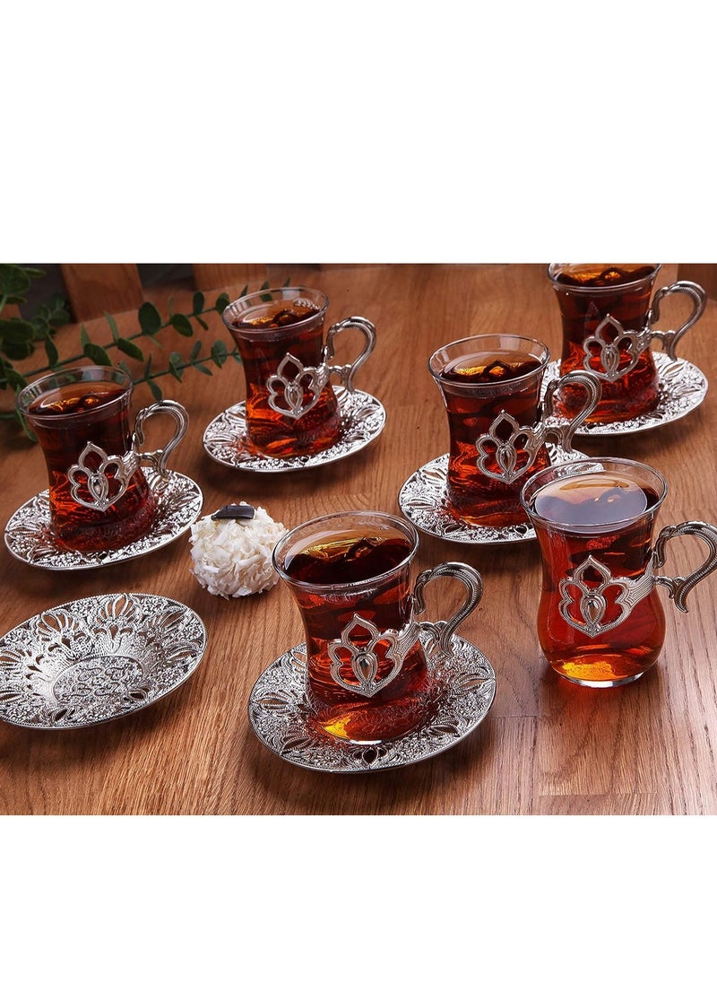 كيتشن آرت طقم كوب شاي فضي،،طقم شاي تركي فاخر مع أطباق من أجل 6 أشخاص (12 قطعة).  صنع في إسطنبول ،تركيا  - Image 2