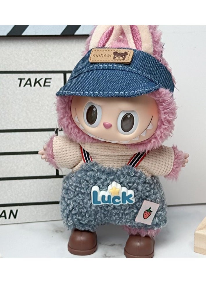 LABUBU Labubu Outfit: 'LUCK' Rabbit Print Plush Overalls & Denim Bucket Hat for 17cm Doll (Doll/Shoes Not Incl.) 