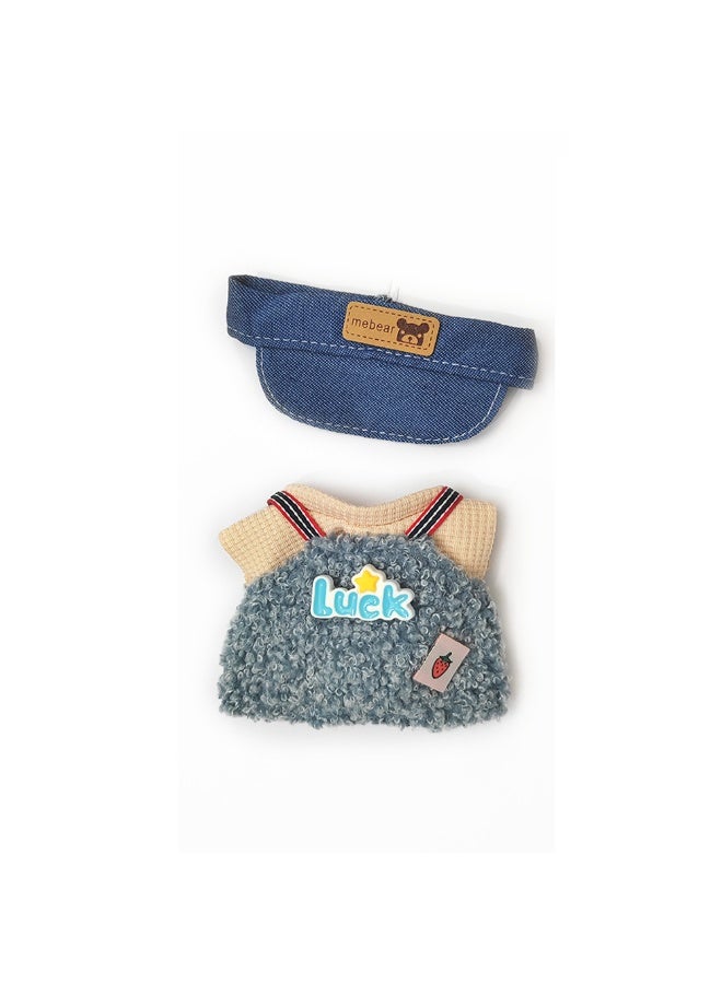 Doll outfit: 'LUCK' Rabbit Print Plush Overalls & Denim Bucket Hat for 17cm Doll (Doll/Shoes Not Incl.) - Image 2