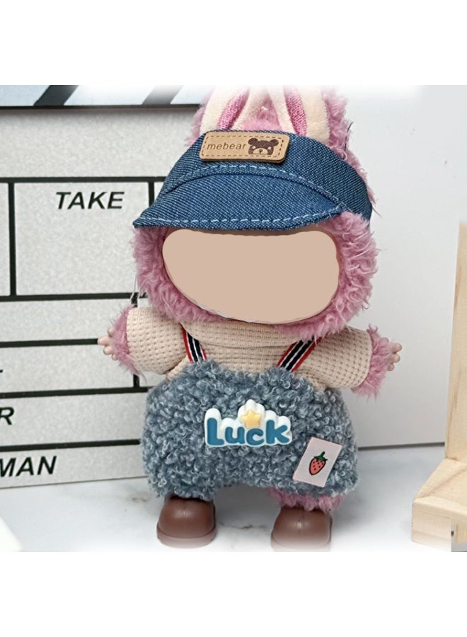 Doll outfit: 'LUCK' Rabbit Print Plush Overalls & Denim Bucket Hat for 17cm Doll (Doll/Shoes Not Incl.) - Image 1