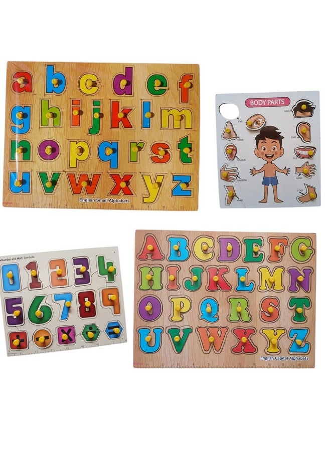 مجموعة ألغاز تعليمية خشبية، 4 قطع، أحرف أبجدية وأرقام وأجزاء الجسم، تصميم لوح خشبي - Image 1