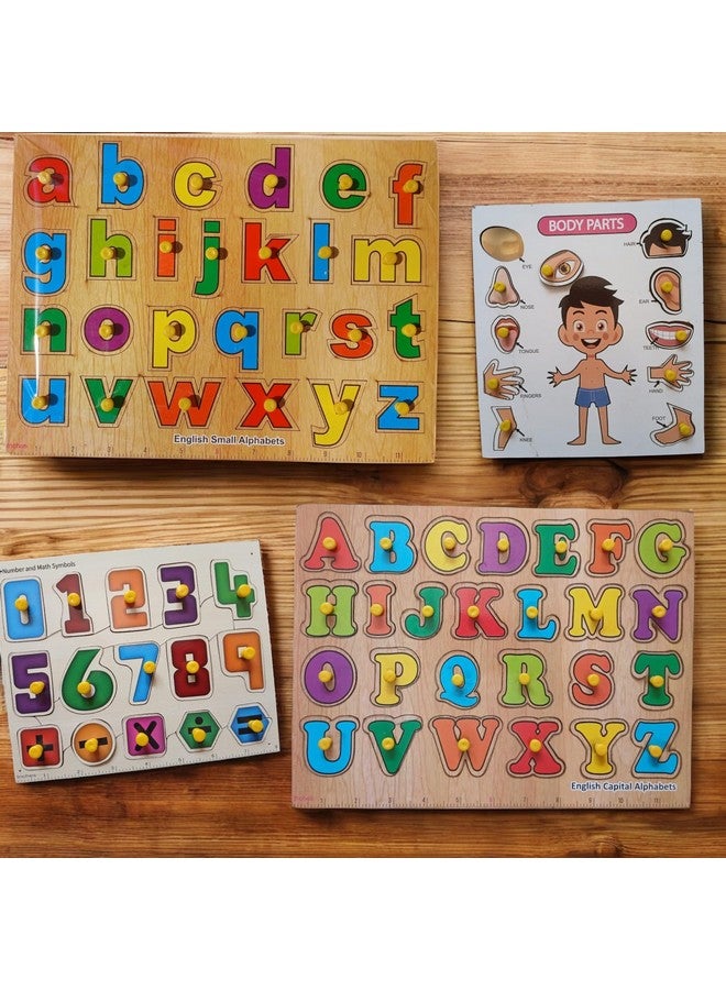 مجموعة ألغاز تعليمية خشبية، 4 قطع، أحرف أبجدية وأرقام وأجزاء الجسم، تصميم لوح خشبي - Image 2