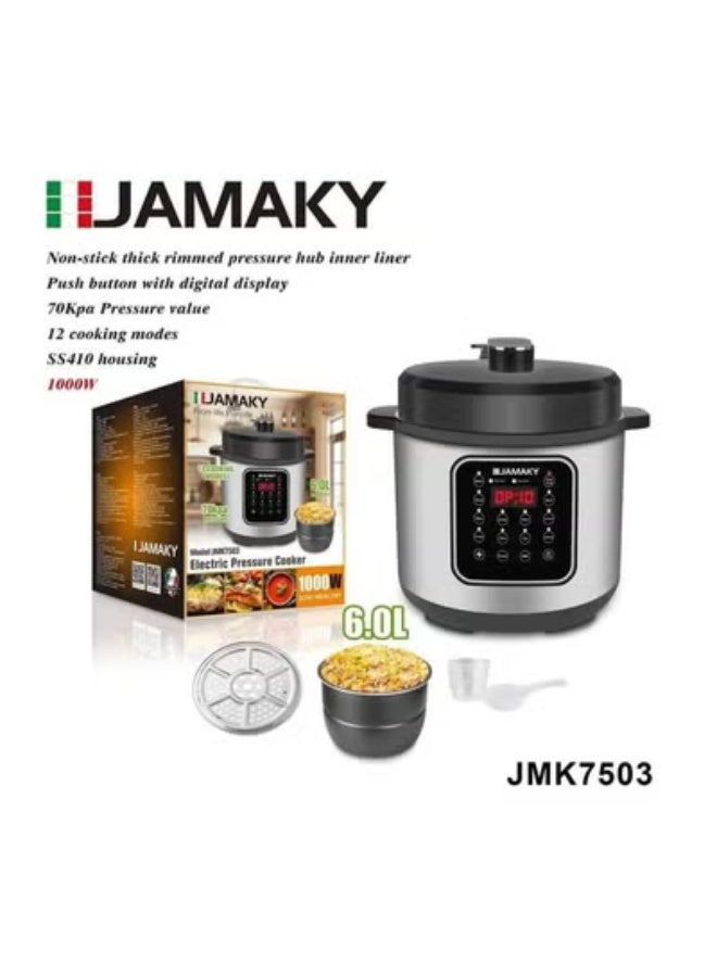JAMAKY Italy Jamaki Multifunction Electric Pressure Cooker 6L 1000W Stainless Steel with multiple programs according to the food to be cooked including meat, poultry, vegetables, steam, keep warm function and timer, programmable with keep warm function JMK 7503