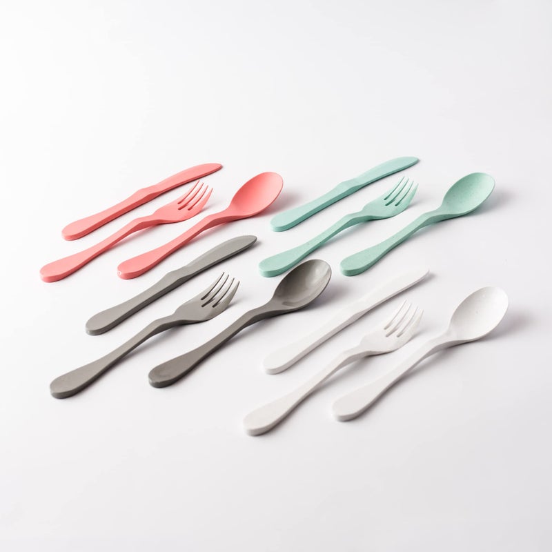 KNORK Eco 12 Piece (Fork  Knife  Spoon) Plant Based Cutlery Bamboo Reusable Flatware Set  (Mint  coral  white  gray) - Image 1
