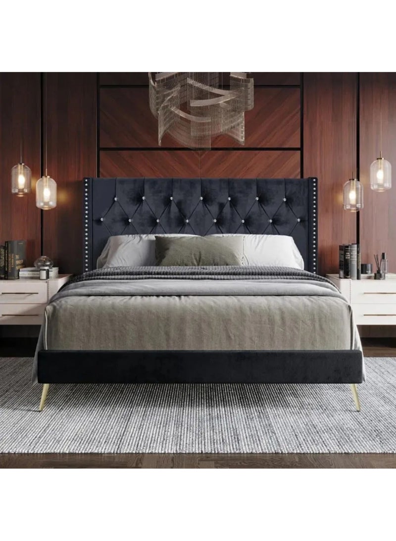 Karnak Caroline Velvet Bed Frame Bedroom Furniture Strong And Sturdy Modern Design Wooden Bed  Queen Size 160x200cm  Black - Image 1