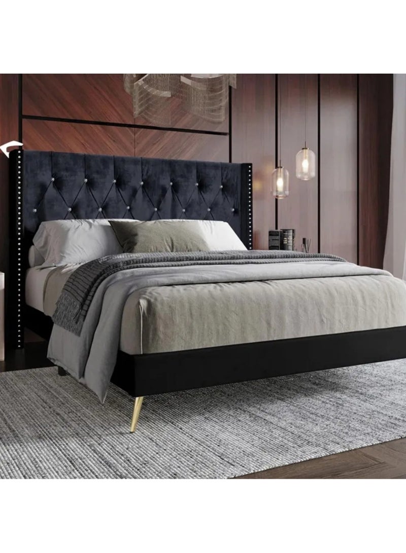 Karnak Caroline Velvet Bed Frame Bedroom Furniture Strong And Sturdy Modern Design Wooden Bed  Queen Size 160x200cm  Black - Image 2