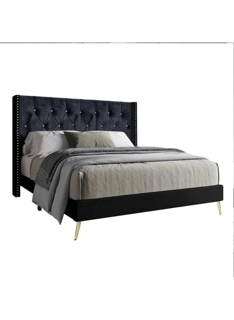 Karnak Caroline Velvet Bed Frame Bedroom Furniture Strong And Sturdy Modern Design Wooden Bed  Queen Size 160x200cm  Black - Image 4