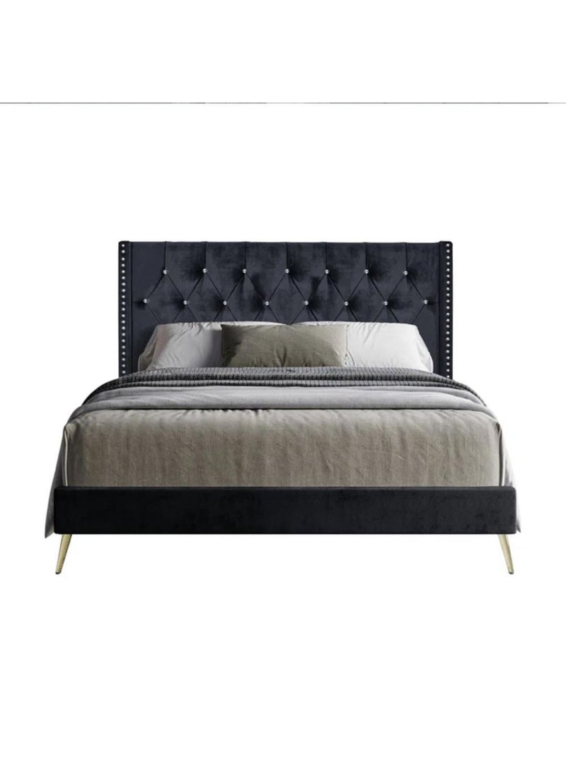 Karnak Caroline Velvet Bed Frame Bedroom Furniture Strong And Sturdy Modern Design Wooden Bed  Queen Size 160x200cm  Black - Image 3