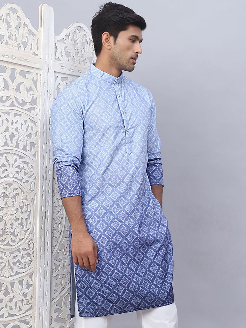 Jompers Blue Men's Ombre Pure Cotton Straight Kurta (Blue, XXL) - Image 4