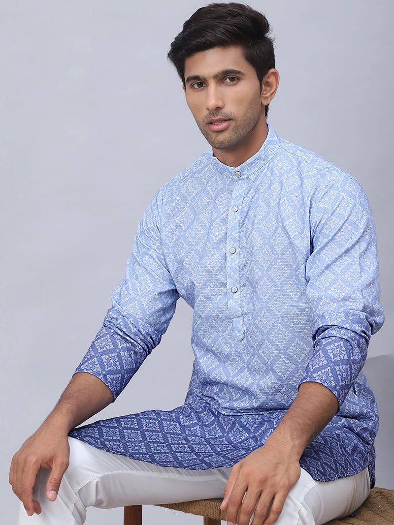 Jompers Blue Men's Ombre Pure Cotton Straight Kurta (Blue, XXL) - Image 5