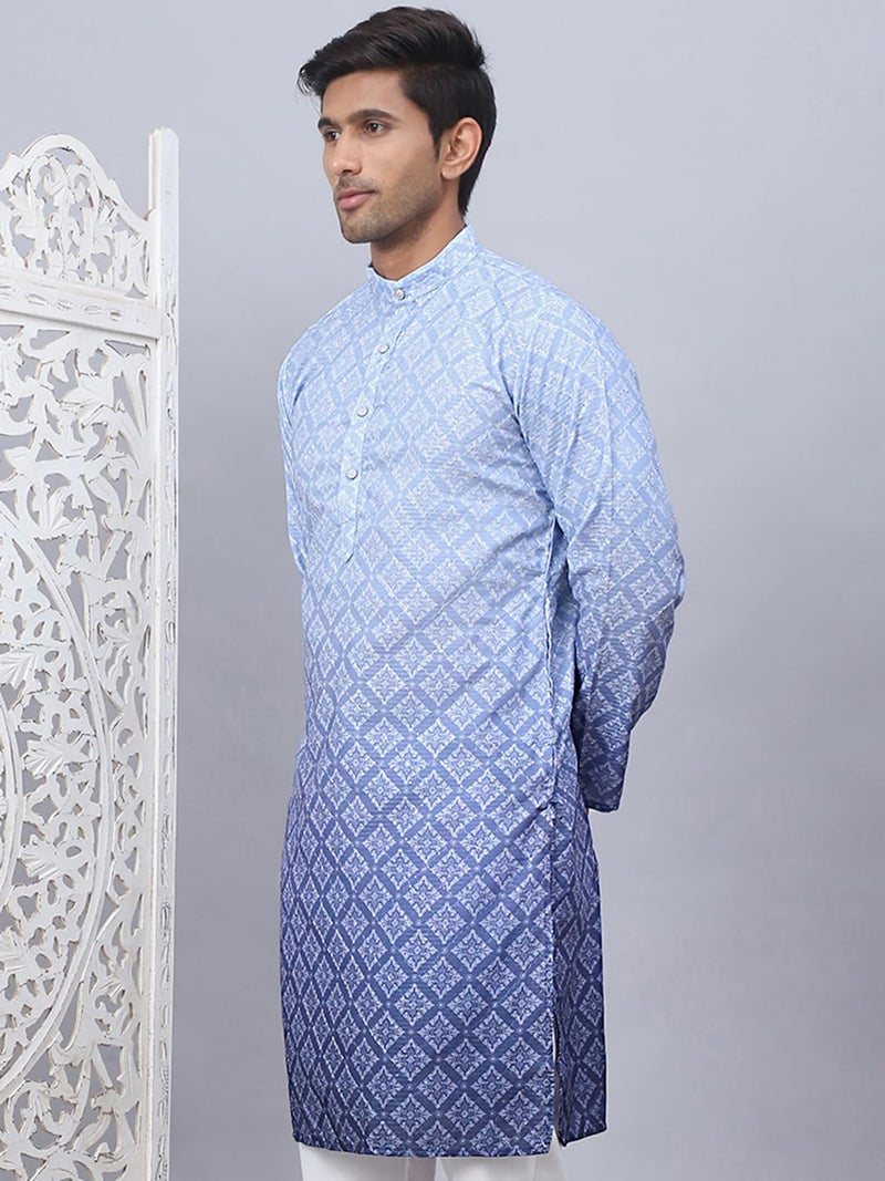Jompers Blue Men's Ombre Pure Cotton Straight Kurta (Blue, XXL) - Image 3