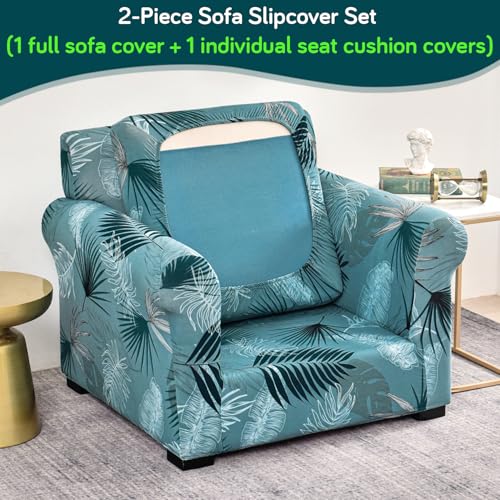HOKIPO Sofa Cover with Seat Cushion Cover for 1 Seater Sofa | 140gsm Fully Covered Sofa Cover, Aqua Palm Whisper (AR-5950-D9) - Image 2