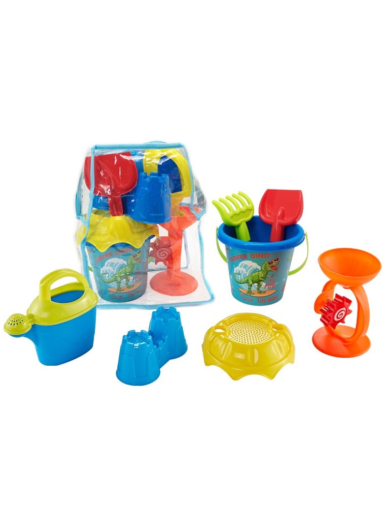 xppier 7 Piece Dinosaur Beach Toy Set, Kids Sand & Snow Play Tools with Shovels, Buckets & Hourglass, Perfect Outdoor Gift for Boys & Girls Birthday Party - Image 1