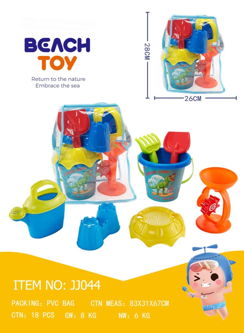 xppier 7 Piece Dinosaur Beach Toy Set, Kids Sand & Snow Play Tools with Shovels, Buckets & Hourglass, Perfect Outdoor Gift for Boys & Girls Birthday Party - Image 2