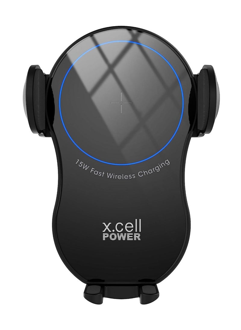 Xcell Xcell Fast Wireless Car Charger with Sensors, 15W Fast Charging Auto-Clamping Car Phone Holder, Car Air Vent Mount for iPhone14 Pro Max/14 Pro/14/13/12/11, Galaxy S22/S21+/S20 Ultra- Black  - Image 1