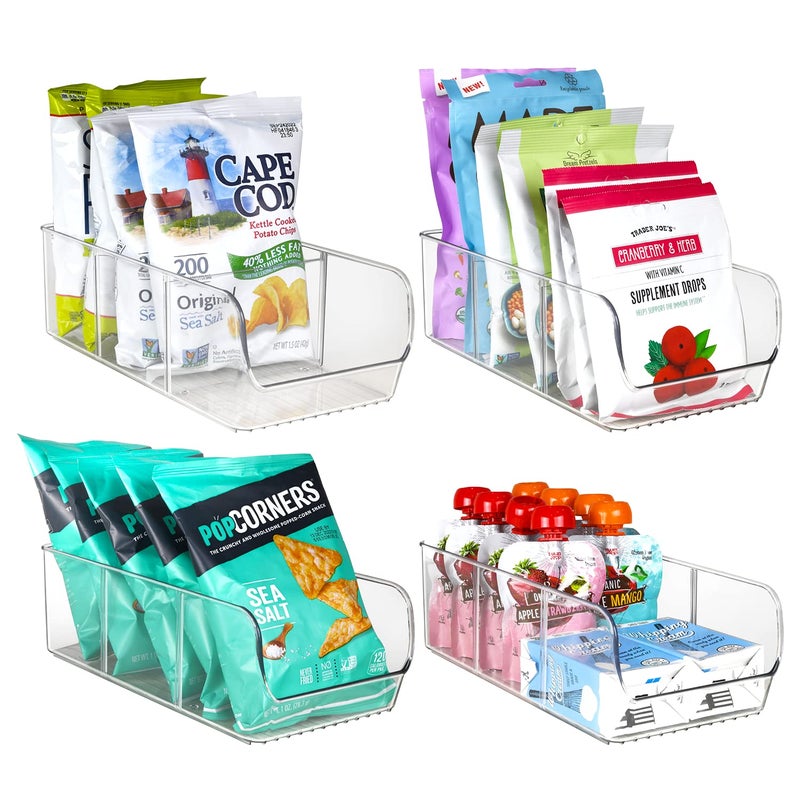 ELTOW 4Pack Snack Organizer 3Compartment Plastic Bins with Removable Dividers Chip  Food Storage for Pantry Spices Fridge and Cabinet