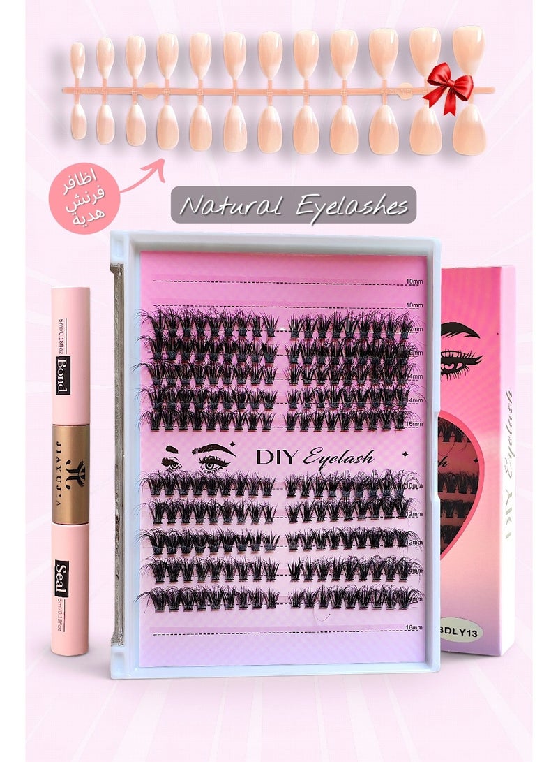 Natural graduated individual eyelashes, 180 pieces (one by one cluster ) mixed length lashes with Bond & Seal eyelash adhesive + free Natural French Fingernails 24pcs - Image 1