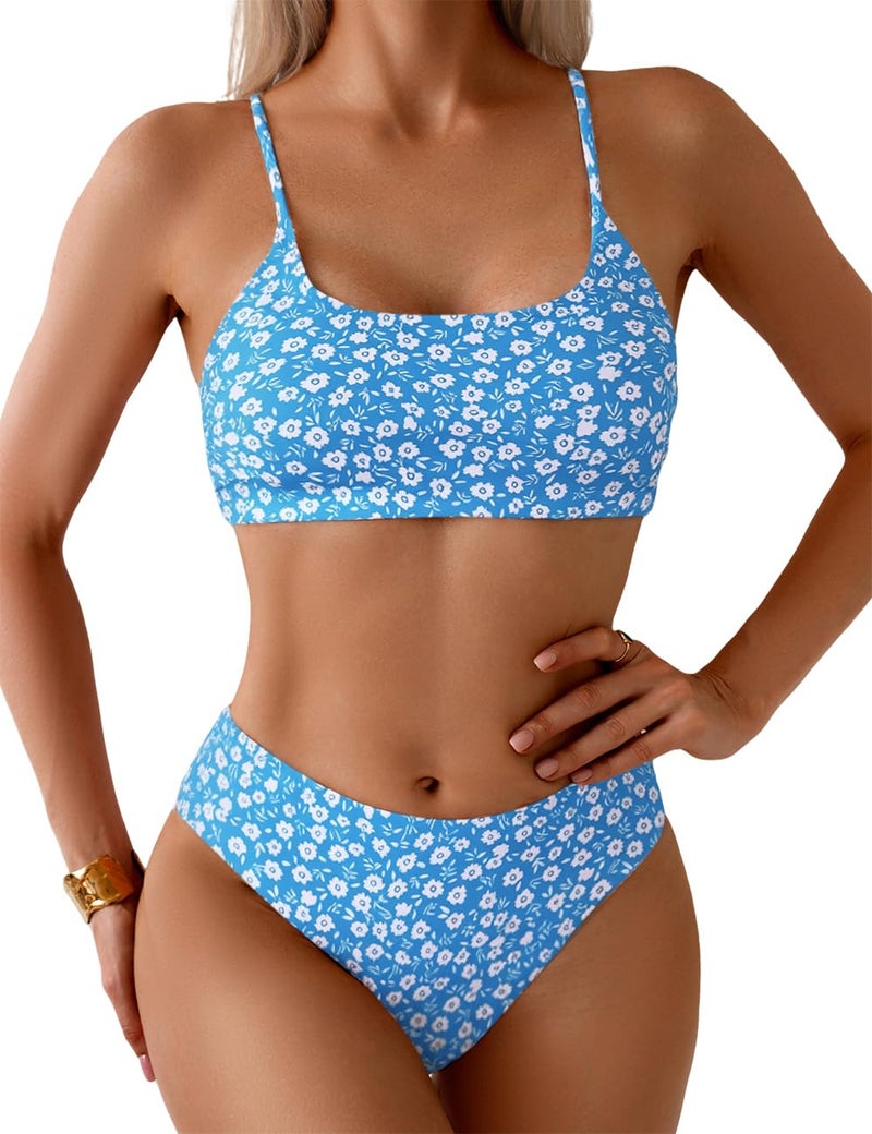 YIMISAN Women's Two Piece Swimsuit Floral Print Bikini Set Spaghetti Straps Scoop Neck Mid Waist Cheeky Bathing Suit - Image 1
