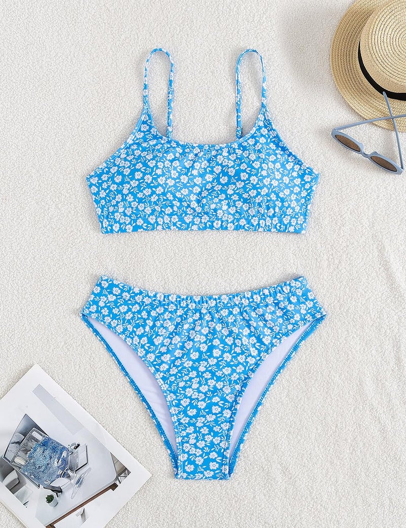 YIMISAN Women's Two Piece Swimsuit Floral Print Bikini Set Spaghetti Straps Scoop Neck Mid Waist Cheeky Bathing Suit - Image 3