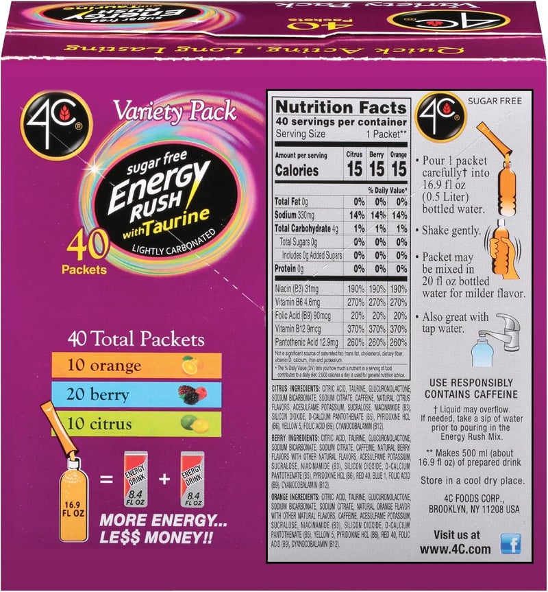 4C Energy Rush Stix Variety Pack - 40 Count Sugar Free Drink Mix with Taurine - Image 2