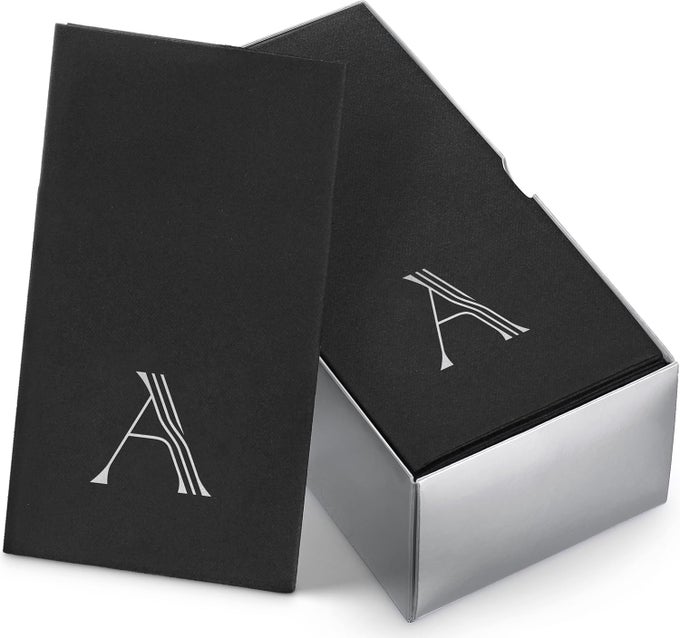 50PACK LINENFEEL MONGRAMMED NAPKINS BLACK PAPER 12 X 17 SILVER FOIL LETTER A NAPKINS DISPOSALE INITIAL GUEST TOWELS FOR WEDDING BATHROOM PARTY BABY SHOWER OR EVENT