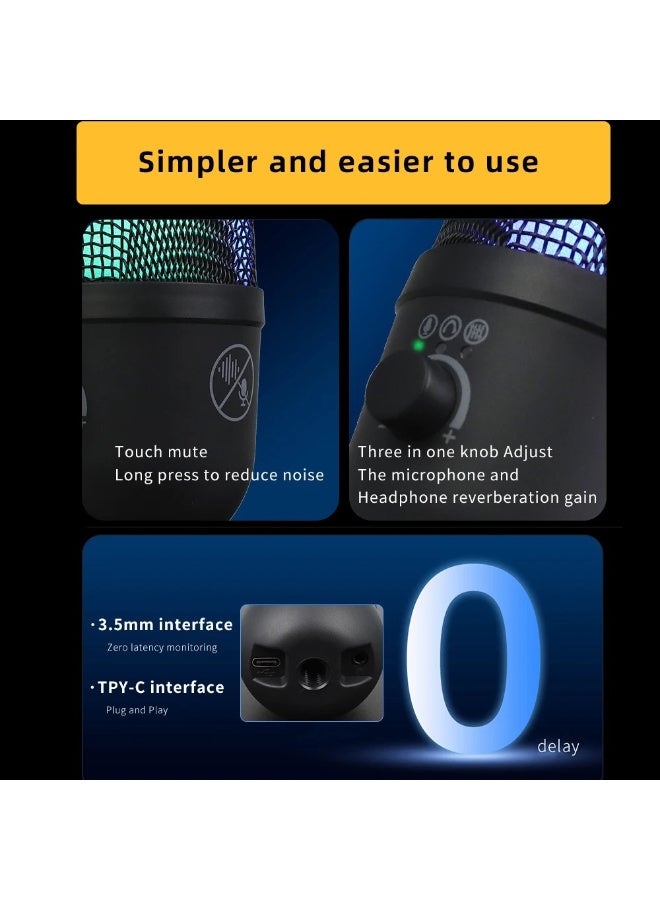 ميكروفون مكثف ألعاب USB RGB من ZFSZ للكمبيوتر المكتبي، البث المباشر، يوتيوب، ديسكورد - مع كتم صوت بلمسة واحدة، مقبض تحكم في الكسب، وحامل مضاد للاهتزاز - Image 5
