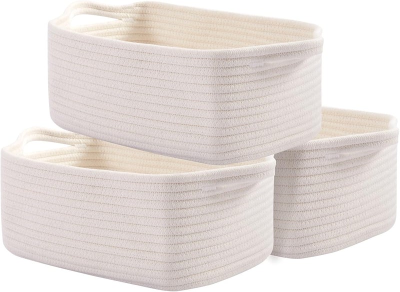 OIAHOMY Cotton Rope Baskets, Woven Baskets for Storage, Nursery Storage Baskets, Decorative Storage Bins, Rectangle Storage Basket with Handles, Storage Baskets for Shelves, Pack of 3, Pure and White - Image 1