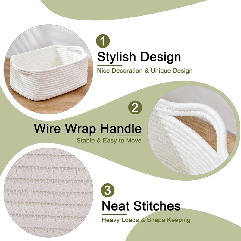 OIAHOMY Cotton Rope Baskets, Woven Baskets for Storage, Nursery Storage Baskets, Decorative Storage Bins, Rectangle Storage Basket with Handles, Storage Baskets for Shelves, Pack of 3, Pure and White - Image 4