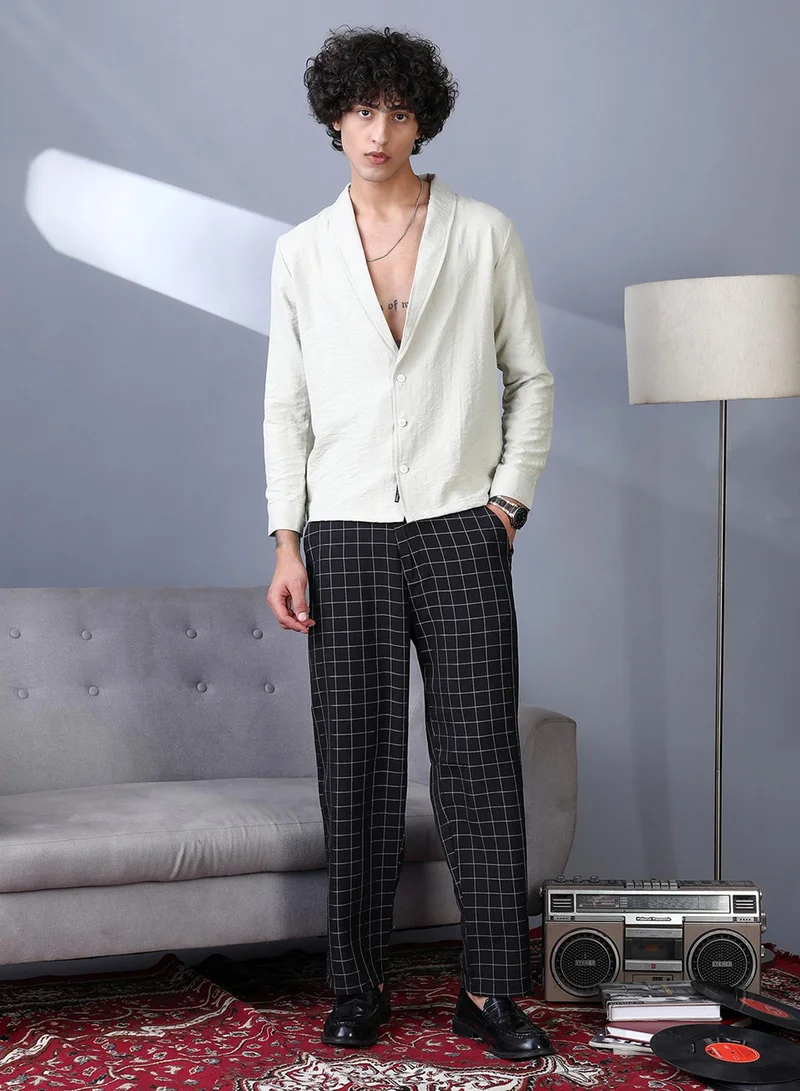 Campus Sutra Campus Sutra Men's Midnight Black Graph-Check Staright Trousers For Casual Wear | Mid-Rise | Straight Fit | Drawstring Closure | Trousers Crafted With Comfort Fit For Everyday Wear