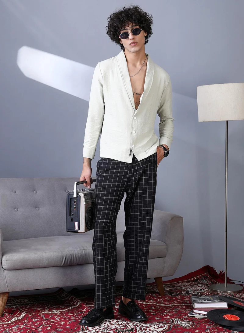 Campus Sutra Campus Sutra Men's Midnight Black Graph-Check Staright Trousers For Casual Wear | Mid-Rise | Straight Fit | Drawstring Closure | Trousers Crafted With Comfort Fit For Everyday Wear