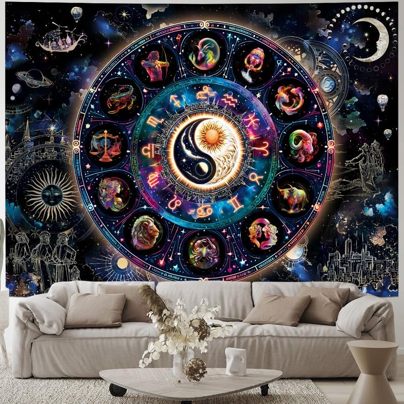Lahasbja Blacklight Constellation Tapestry UV Reactive Sun and Moon Tapestries Spiritual Zodiac Astrology Wall Tapestries Galaxy Wall Decor Mystic Yin Yang Wall Hanging for Bedroom - Image 4