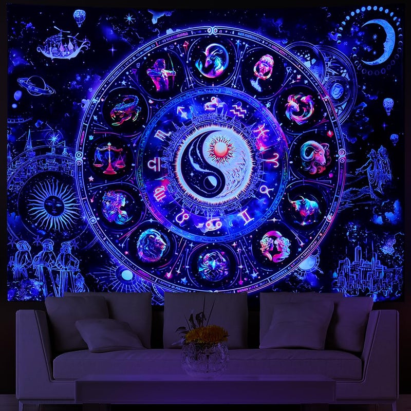 Lahasbja Blacklight Constellation Tapestry UV Reactive Sun and Moon Tapestries Spiritual Zodiac Astrology Wall Tapestries Galaxy Wall Decor Mystic Yin Yang Wall Hanging for Bedroom - Image 1