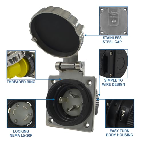 Conntek 30 Amp 125 Volt RV Marine Power Inlet - Stainless Steel - Image 2
