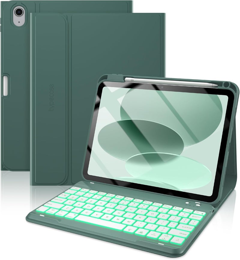 typecase غلاف لوحة مفاتيح تيبكيس فوليو لآيباد الجيل العاشر 10.9 بوصة (2022) وآيباد الجيل الحادي عشر (A16، 2025)، لوحة مفاتيح مغناطيسية لاسلكية قابلة للفصل، إضاءة خلفية بسبعة ألوان، رفيع وخفيف، حامل قلم – أخضر منتصف الليل - Image 1