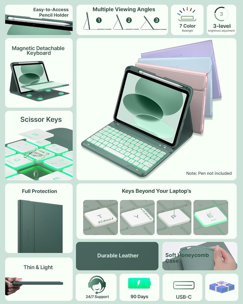 typecase غلاف لوحة مفاتيح تيبكيس فوليو لآيباد الجيل العاشر 10.9 بوصة (2022) وآيباد الجيل الحادي عشر (A16، 2025)، لوحة مفاتيح مغناطيسية لاسلكية قابلة للفصل، إضاءة خلفية بسبعة ألوان، رفيع وخفيف، حامل قلم – أخضر منتصف الليل - Image 3