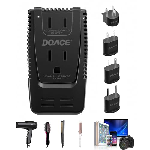 DOACE 2000W 220V to 110V Travel Voltage Converter for Hair Dryer/Straightener Curling Iron Electrical Kettle Toothbrush Shaver Laptop Cell Phone Camera, 10A Power Plug Adapters US to EU/UK/AU/Asia - Image 1